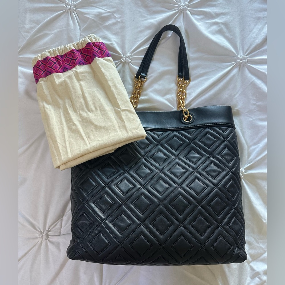 Tory Burch Black Quilted Tote with Gold Chain Handles